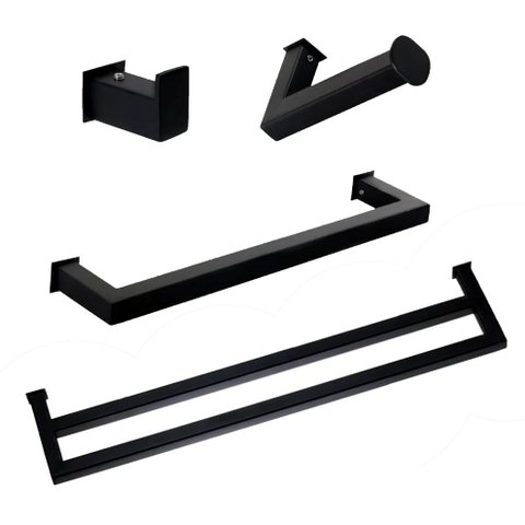 Kit de Acessórios Para Banheiro com 4 Peças em Aço Inox Black Matte Preto Fosco com toalheiro Duplo 