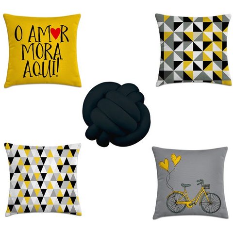 kit 4 capas almofadas escandinavo amarelo e preto + 1 almofa