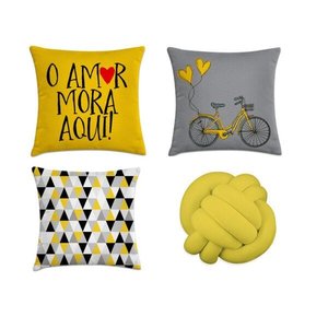 kit 3 capas de almofadas geométrica amarelo e cinza + 1 almo