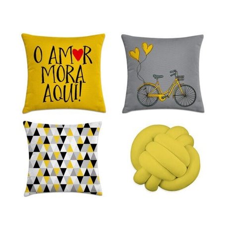kit 3 capas de almofadas geométrica amarelo e cinza + 1 almo