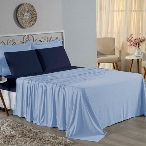 Jogo de Cama King Nobre 4 Peças Lençol com Elástico de 30cm de Altura Malha 100% Algodão - Azul-