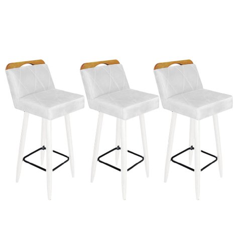 Kit 03 Banqueta Alta C/ Encosto Lith Para Cozinha Bar Balcão Bistrô Pé Palito Branco Corino Branco -