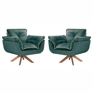 Conjunto 2 Poltronas Opalla Base Giratória Madeira Tecido Veludo Verde com Debrum Branco