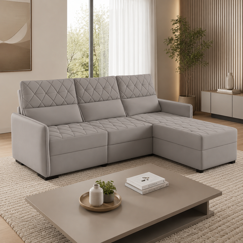 Sofá Fixo com Puff 3 Lugares Veludo Soft 230cm Conforto Plus Sofisticato - Avelã