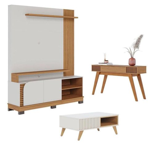 Estante Home Theater Jurerê 1.5 com Mesa de Centro Jeri Off White Matte Freijó e Aparador Riviera
