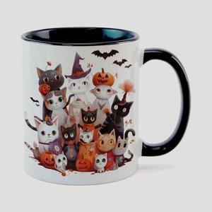 Caneca Branca com Interna Preta Y5 Gato Halloween Abobora 64