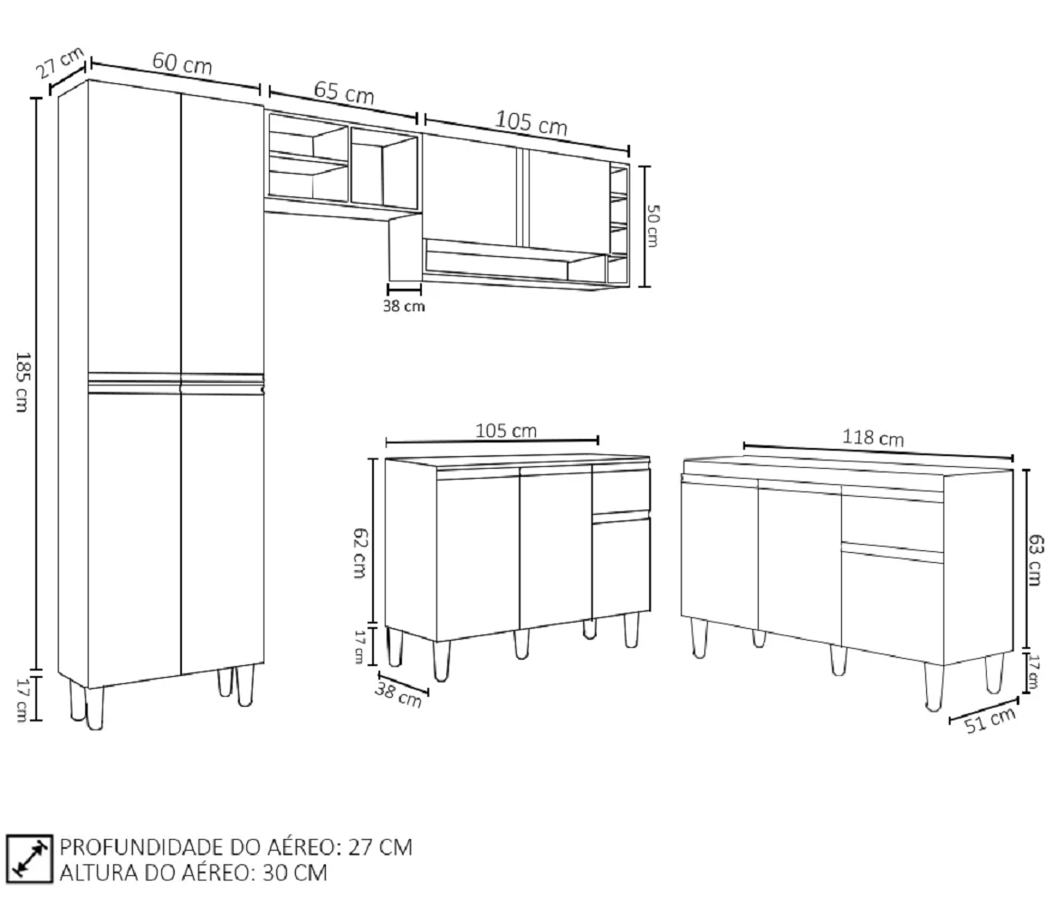 Cozinha Modulada Vanessa com Balcão para Pia 120mt Tatiane sem Tampo Cinza Ajl - 3