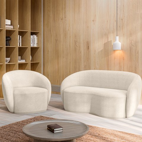 Conjunto 1 Sofá Living 180cm e 1 Poltrona Decorativa Sala de Estar Íbis Encosto Fixo Bouclê Off Whit