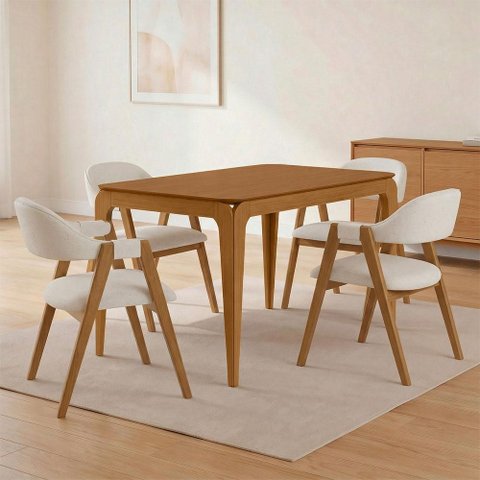 Mesa Retangular Claris 120cm Ypê N01 com 4 Cadeiras Nadja Linho Cru - Lyam Decor