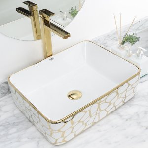 Kit Cuba Pia Louça Cerâmica Banheiro C/ Torn e Vál Dourada 9