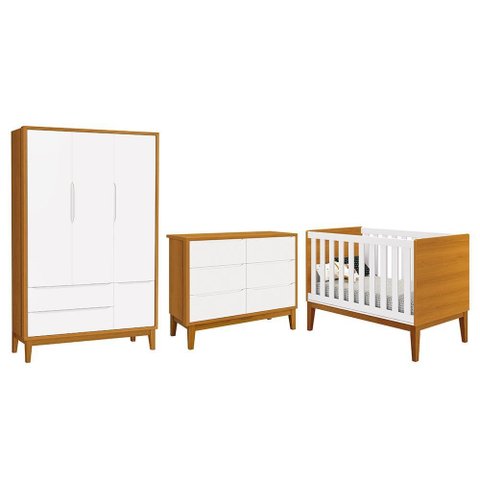 Dormitório Completo Infantil Classic 3 Portas, Cômoda 6 Gavetas e Berço Branco/Savana com Pés