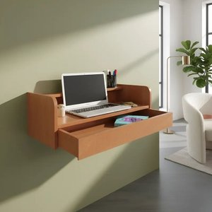 Escrivaninha Bancada Suspensa com Gaveta Mesa Notebook Madeira Natural