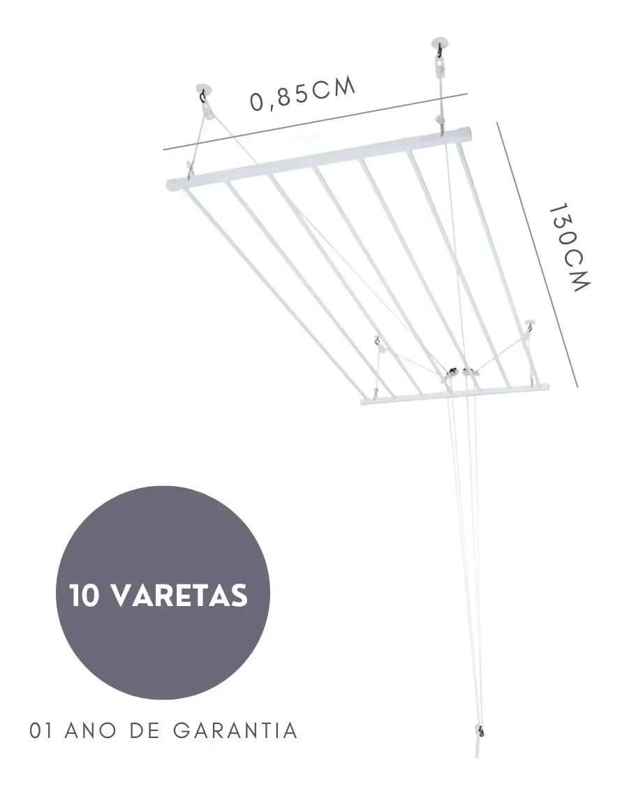 Ver imagem 2 de Varal De Teto Tradicional 130cm x 10 Varetas - Em Alumínio Branco