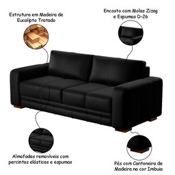 Sofá Decorativo Sala de Estar Champions 3 Lugares 200cm Couro Preto - Mozzelar - 3