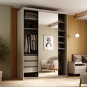 Ver imagem 1 de Guarda-Roupa Closet Solteiro 100% MDF 139cm com 1 Porta Espelho 3 Gavetas Sion Bege/Panna