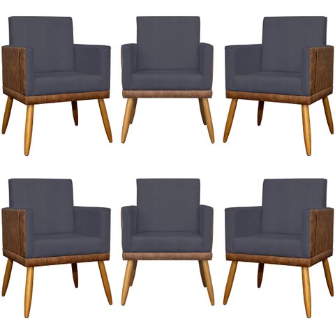 Kit 6 Poltronas Decorativas Lis Corino e Linho Cores Pé Palito 30 Cm Castanho
