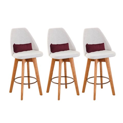Kit 03 Banquetas Alta Maya Giratória Com Encosto Gourmet Linho Bege e Almofada Suede Bordô - Gat
