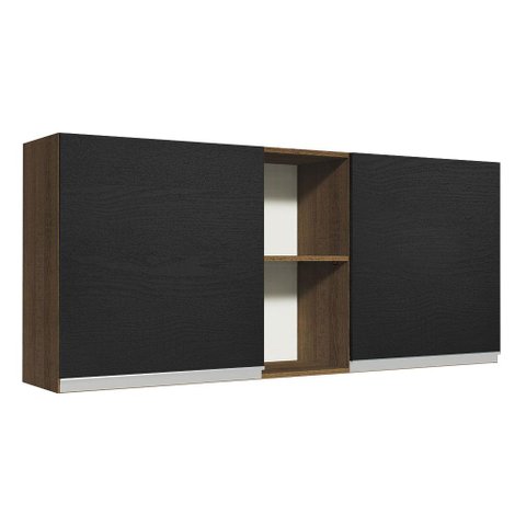 Armário de Cozinha Aéreo 150 cm 2 Portas e 2 Nichos Rustic/Preto Glamy Madesa