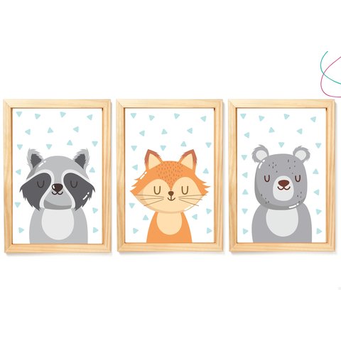 Kit 3 Quadros Decorativos Animais do Bosque Escandinavos:pinus