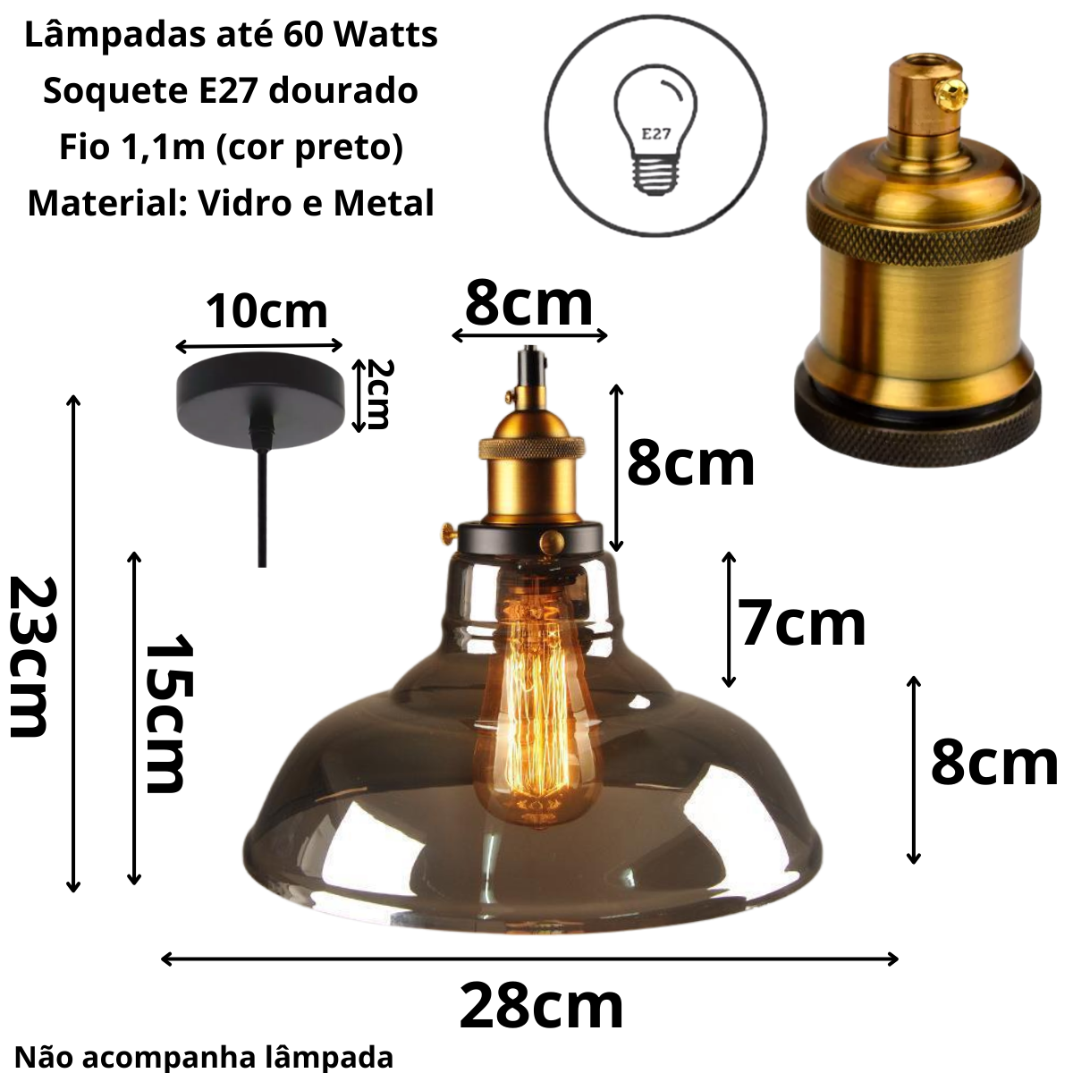 Ver imagem 6 de Luminária Lustre Pendente Teto 28x23cm Vidro Fumê Industrial Retrô Vintage E27 Gimpo Kjdde-237-anth