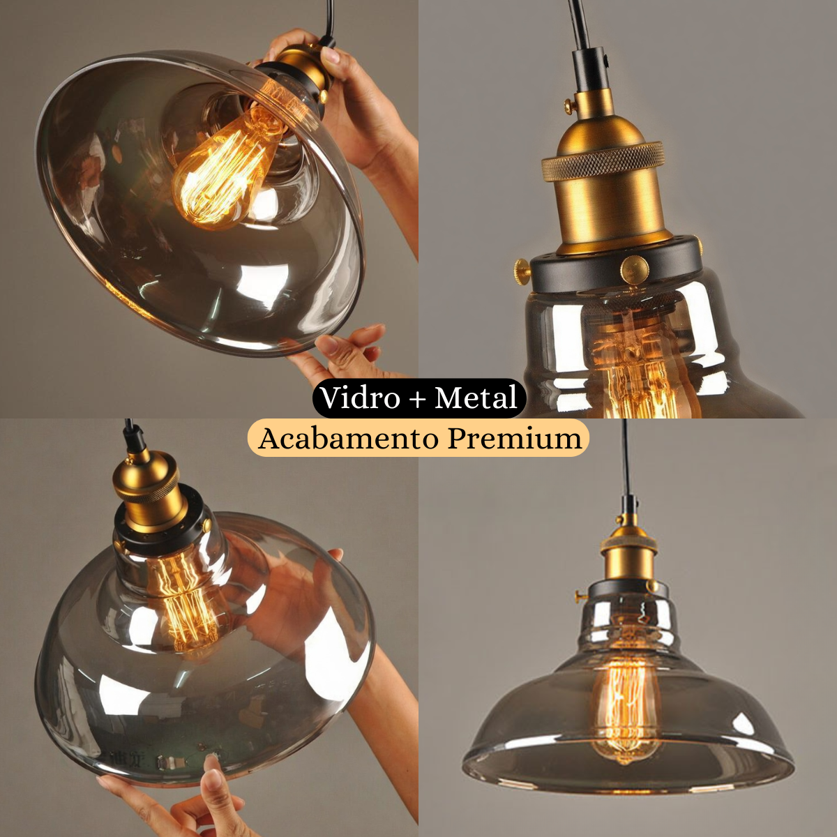 Ver imagem 5 de Luminária Lustre Pendente Teto 28x23cm Vidro Fumê Industrial Retrô Vintage E27 Gimpo Kjdde-237-anth