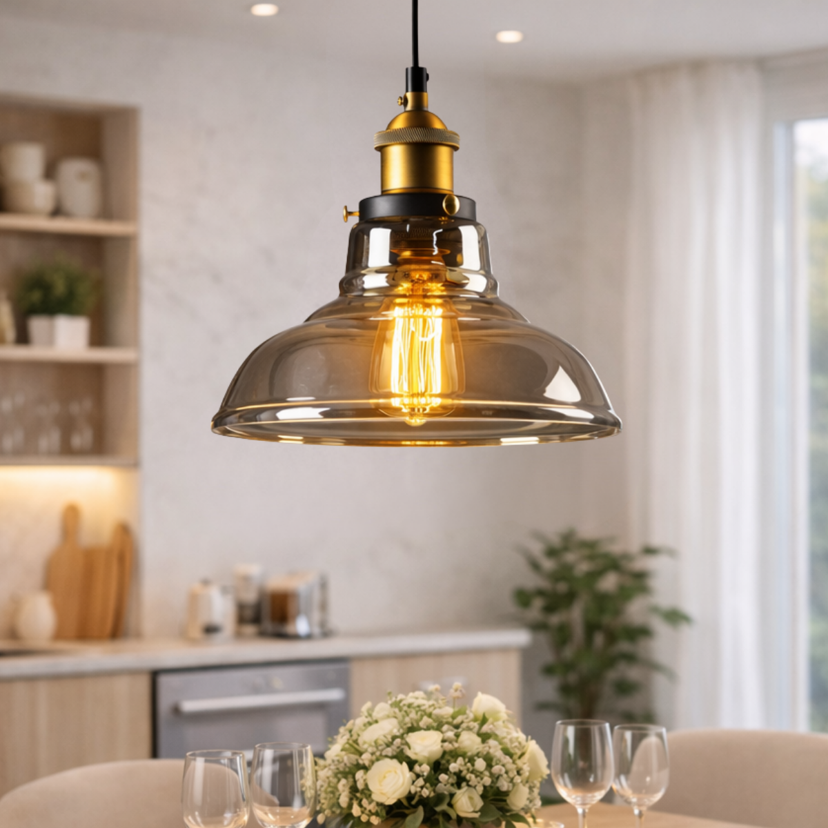 Ver mais imagens de Luminária Lustre Pendente Teto 28x23cm Vidro Fumê Industrial Retrô Vintage E27 Gimpo Kjdde-237-anth