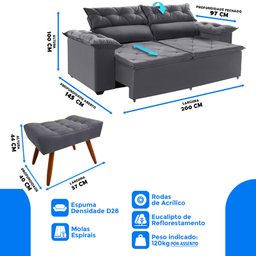 Conjunto Sofá Compact 2 metros retrátil e reclinável com Molas Espirais e 2 Puffs Suede Cinza - Sofá - 4