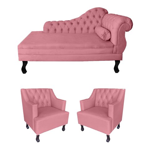 Sofá Divã + 2 Poltronas Capitonê para Consultório e Clínica Psicanálise - Veludo - Sv Decor:rosa
