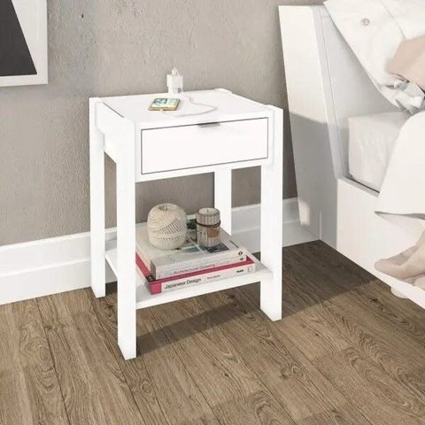 Mesa de Cabeceira com Tomada 1 Gaveta Quarto Branco - Tecno Mobili