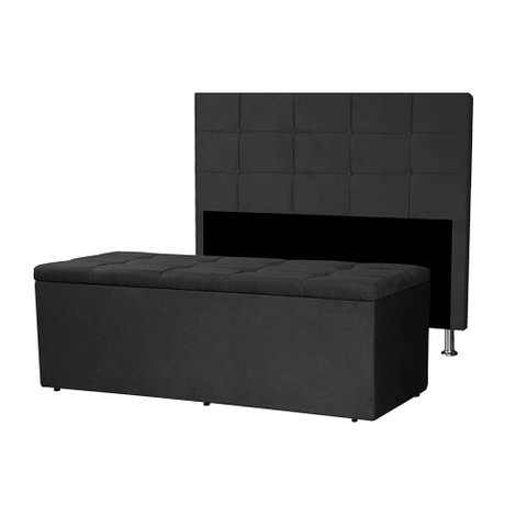 Kit Cabeceira e Calçadeira Baú Casal 1,40m Roma Suede Preto Sky Mobile