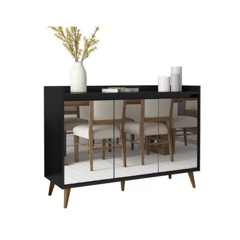 Balcão Buffet Retrô com Espelho Delta 3 Portas Preto