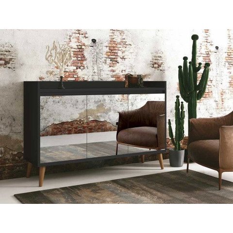 Buffet Aparador Retrô com Espelho Clássico 3 Portas Preto