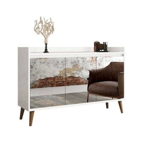 Balcão Buffet Retrô com Espelho Delta 3 Portas Branco Gloss