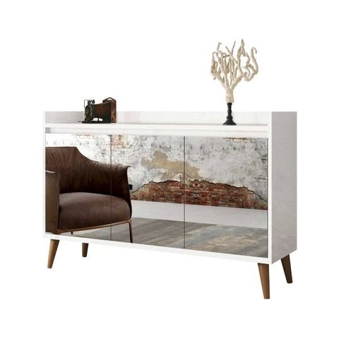 Buffet Aparador Retrô com Espelho Delux 3 Portas Branco Gloss