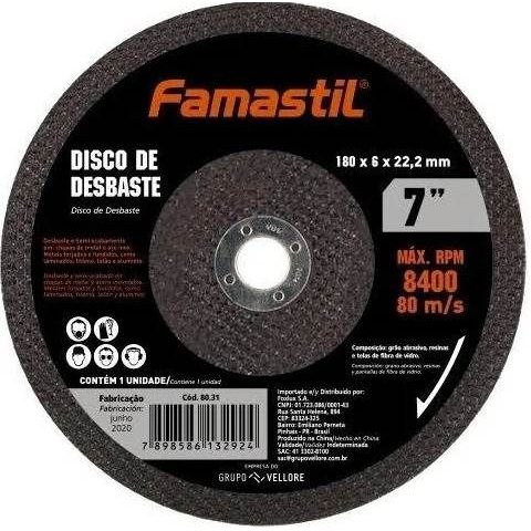 Disco de Desbaste 7” 180x6x22,2mm Famastil