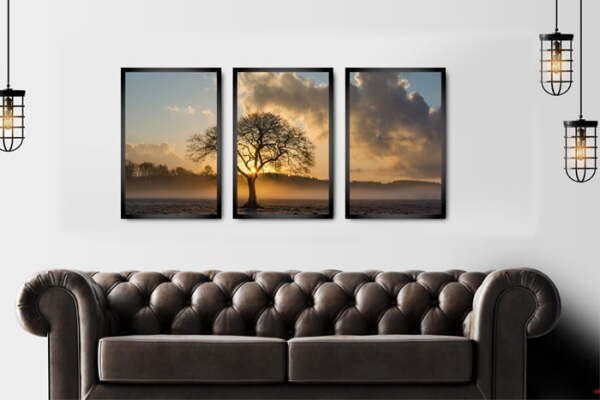 Quadros Decorativos para Sala Paisagem Arvore por do Sol com Moldura 3 Peças 44x66cm