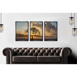 Quadros Decorativos para Sala Paisagem Arvore por do Sol com Moldura 3 Peças 44x66cm