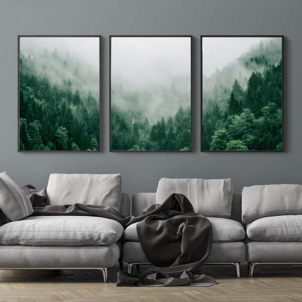Trio de Quadros Decorativos Para Sala Estar Quarto Casal Floresta Neblina 3 Peças 44x66cm - 1