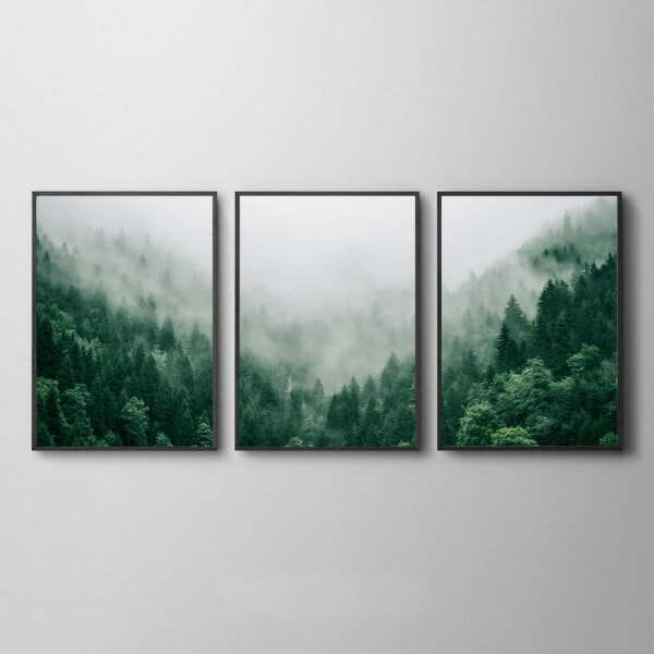 Trio de Quadros Decorativos Para Sala Estar Quarto Casal Floresta Neblina 3 Peças 44x66cm - 2