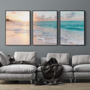 Kit de Quadros Decorativos Mosaico Mar Nascer do Sol Paisagem Sala Quarto com Moldura 3 Peças 44x66
