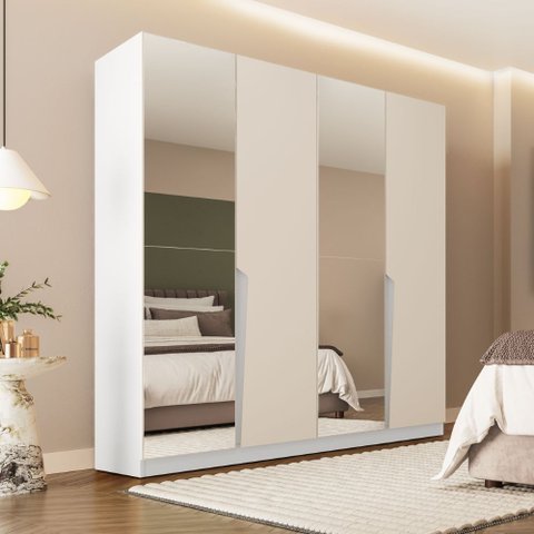 Guarda Roupa Roupeiro 4 Portas 4 Gavetas com Espelho Porto Branco Creme Politorno Móveis