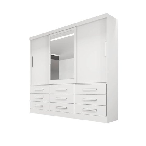 Guarda-roupa Casal 3 Portas Espelho 9 Gavetas 2,11m Turim Branco Bianchi Móveis