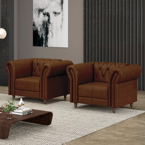 Kit 2 Poltronas Decorativas Sala de Estar Stanford Chesterfield Pés de Madeira Couro Marrom Manchado