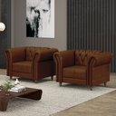 Ver imagem 1 de Kit 2 Poltronas Decorativas Sala de Estar Stanford Chesterfield Pés de Madeira Couro Marrom Manchado