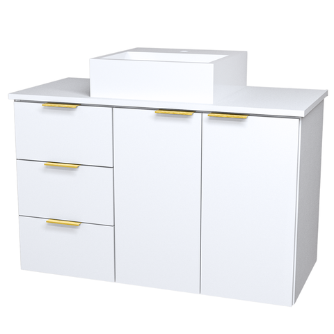 Balcão Móvel Gabinete Mdf para Banheiro com Tampo e Cuba 80cm Gavetas Lado Esquerdo Puxador Dourado