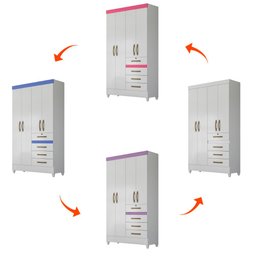 Guarda Roupa Solteiro 4 portas 4 gavetas Branco / Rosa / Azul / Lilas Flex Sobral - Moval - 2