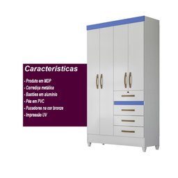 Guarda Roupa Solteiro 4 portas 4 gavetas Branco / Rosa / Azul / Lilas Flex Sobral - Moval - 4