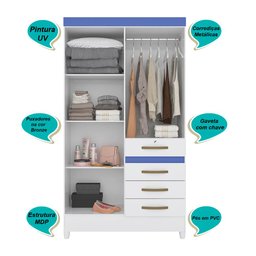 Guarda Roupa Solteiro 4 portas 4 gavetas Branco / Rosa / Azul / Lilas Flex Sobral - Moval - 5