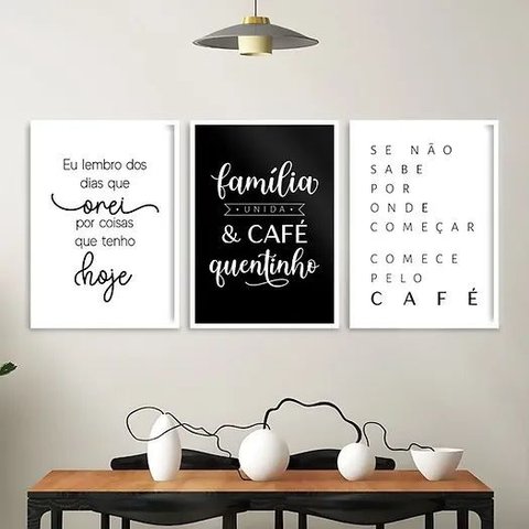 Kit 3 Quadros Decorativos Família e Café 33x24cm - com Vidro:moldura Preta
