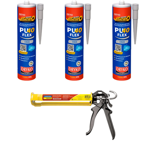 Kit 3 Pu40 Cinza 400g Dryko e Pistola P/ Silicone Tramontina